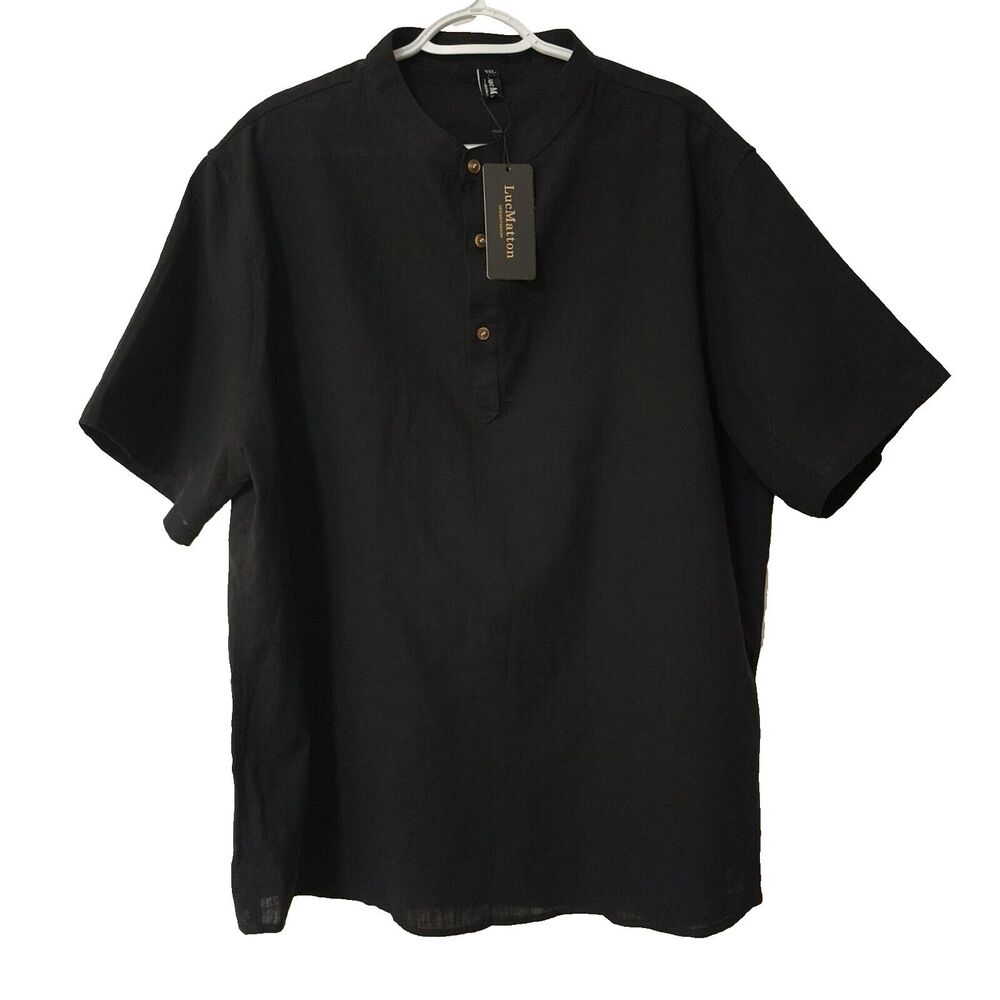 LucMatton NWT Mens Cotton Linen Blend Short Sleeve Henley Casual Shirt Black XXL